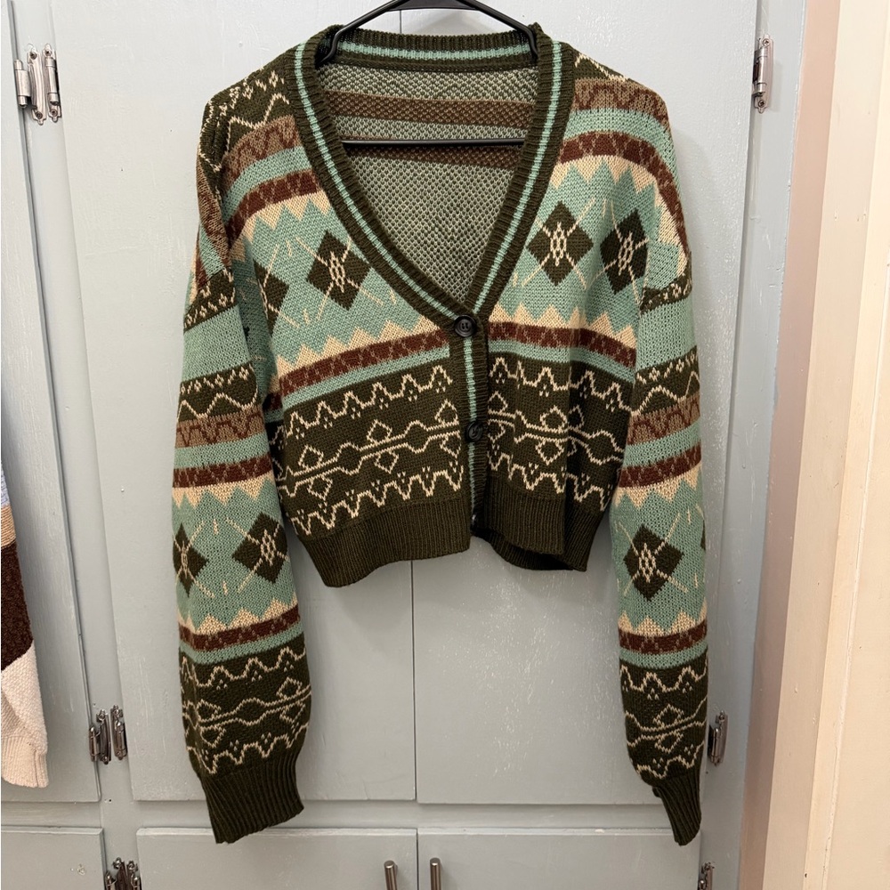 ROMWE Olive Green & Mint Patterned Cropped Cardigan